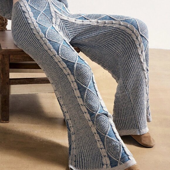 Blue And White Women's Boho Western Country Style Elegant Loose Knit Pants